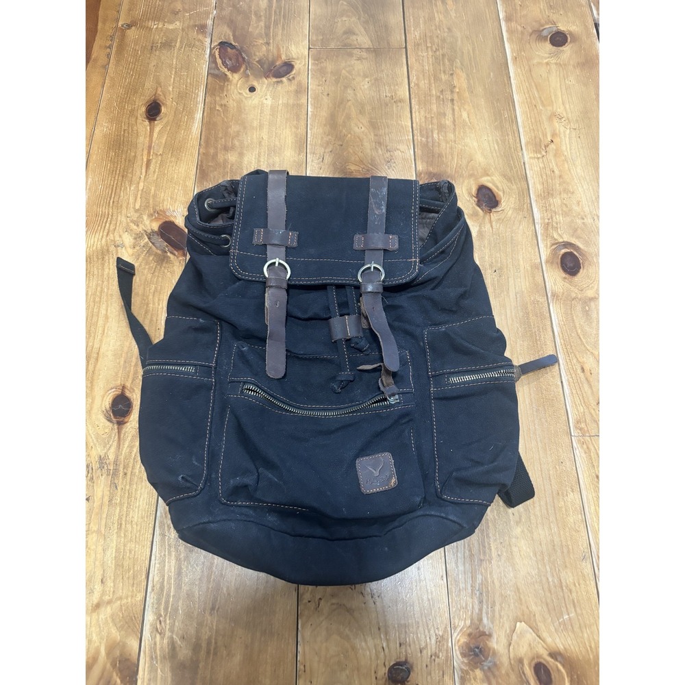 Hynes Eagle Black Canvas & Leather Backpack Rucksack Vintage Travel Daypack Bag